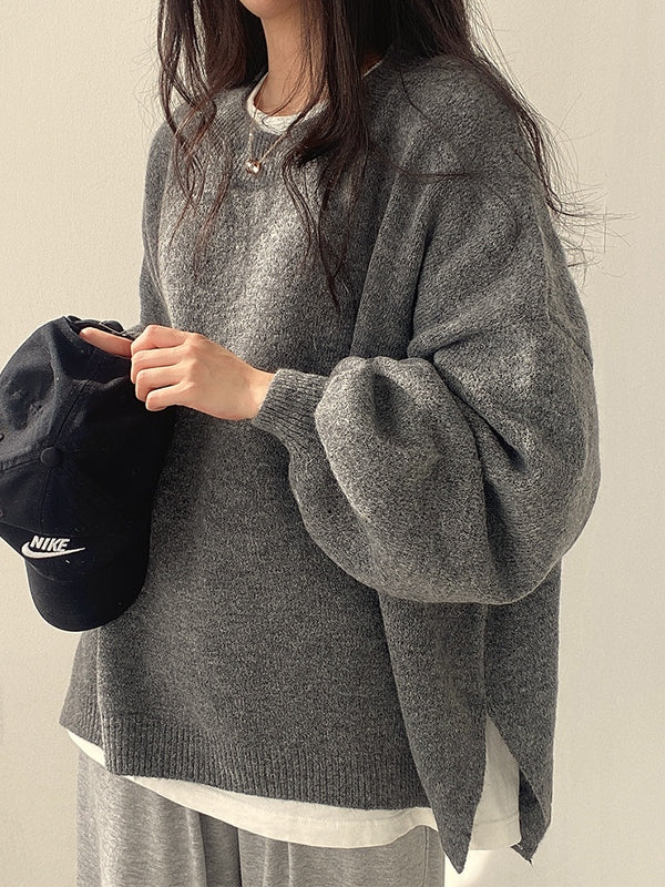 Vintage Solid Color Oversized Sweater with Split Hem