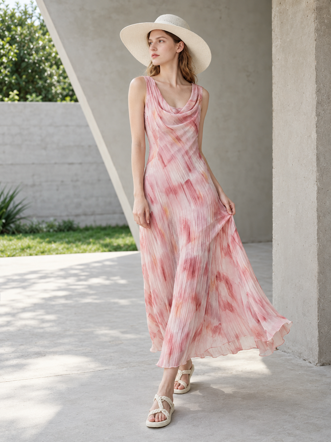 Pink watercolor print lapel midi dress