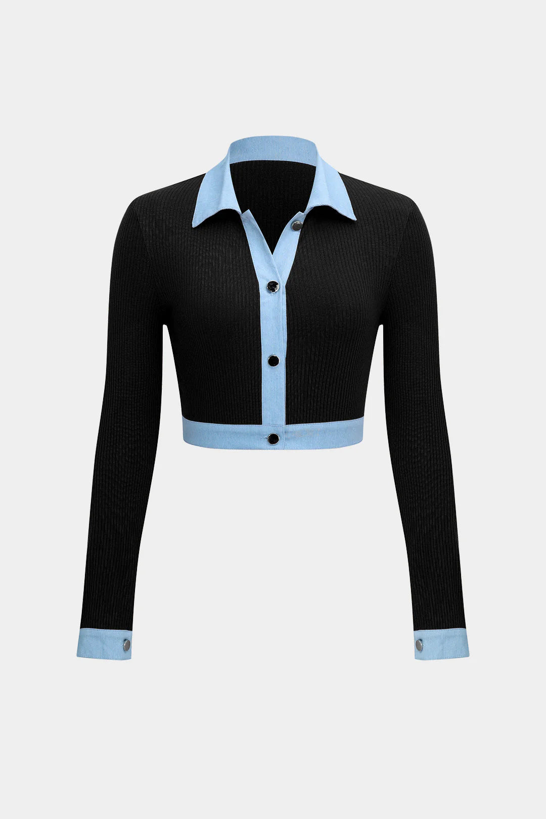 Button Patchwork Long Sleeve Top And Zipper Trousers Set