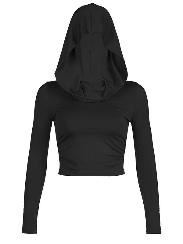 Vintage Pleated Hooded Long Sleeve Crop Top