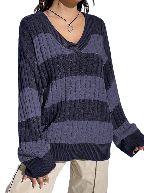 Vintage Purple Contrast Color Stripes Sweaters wit V-Neck