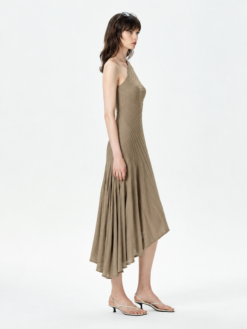 Grayish brown one-shoulder pleated asymmetrical midi dress