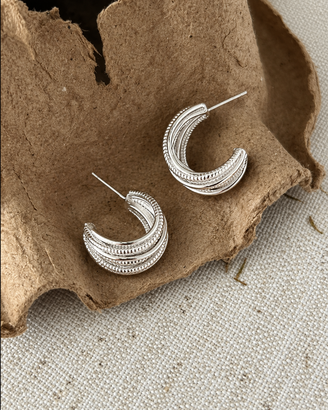 Unique silver multi-layered braided linear earrings