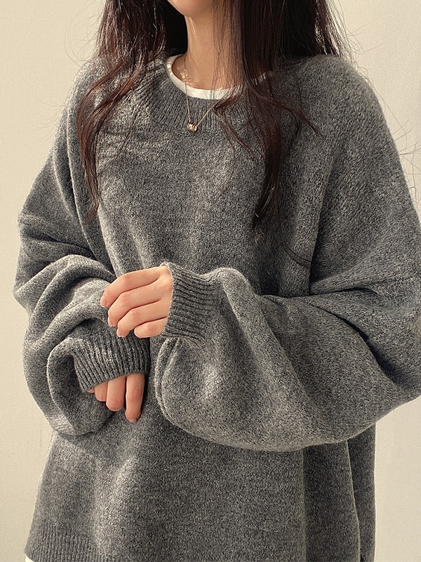 Vintage Solid Color Oversized Sweater with Split Hem