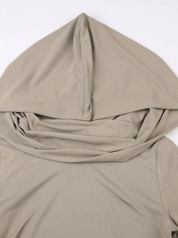 Vintage Pleated Hooded Long Sleeve Crop Top