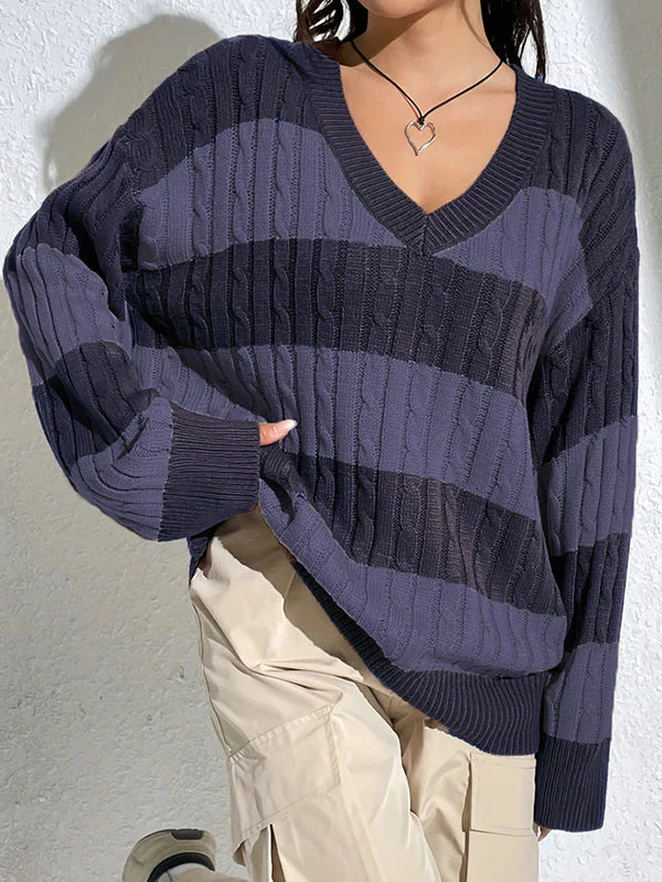 Vintage Purple Contrast Color Stripes Sweaters wit V-Neck