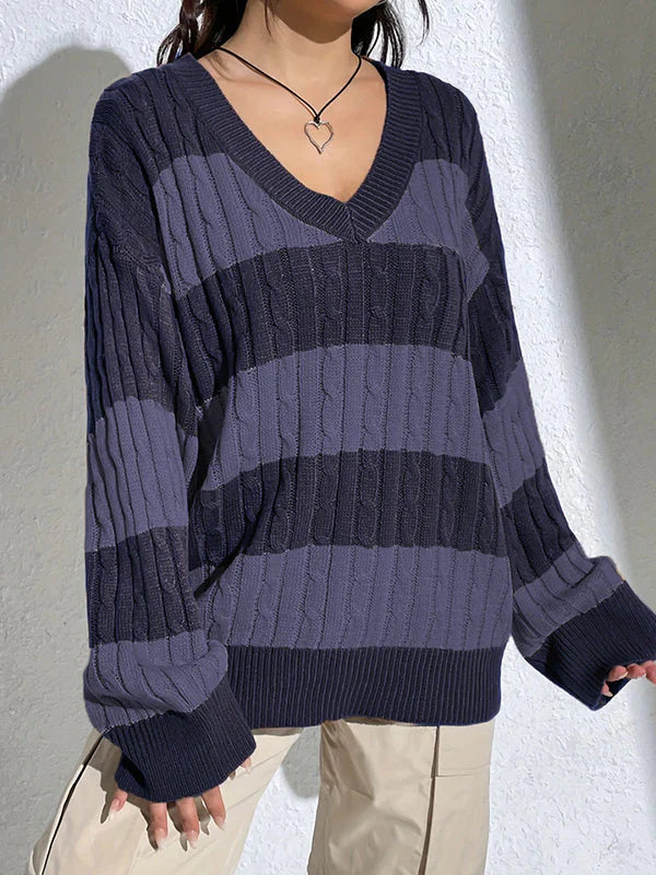 Vintage Purple Contrast Color Stripes Sweaters wit V-Neck