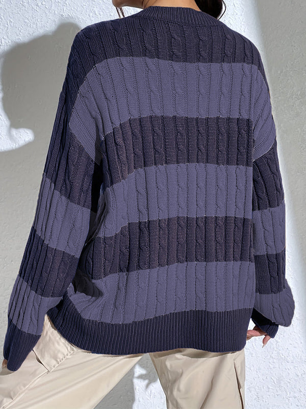 Vintage Purple Contrast Color Stripes Sweaters wit V-Neck