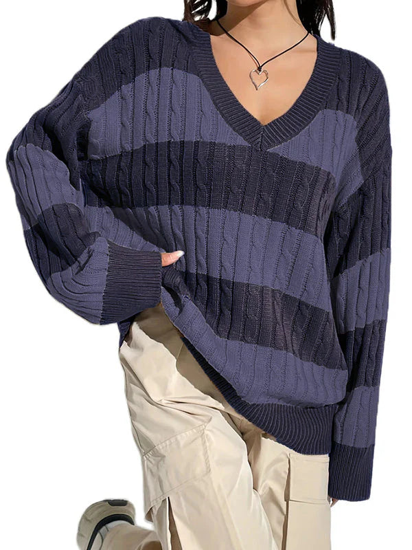 Vintage Purple Contrast Color Stripes Sweaters wit V-Neck