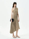 Grayish brown one-shoulder pleated asymmetrical midi dress