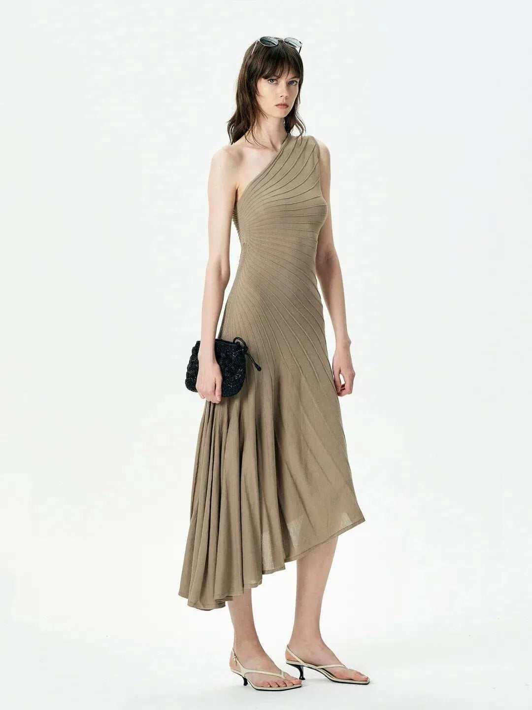 Grayish brown one-shoulder pleated asymmetrical midi dress